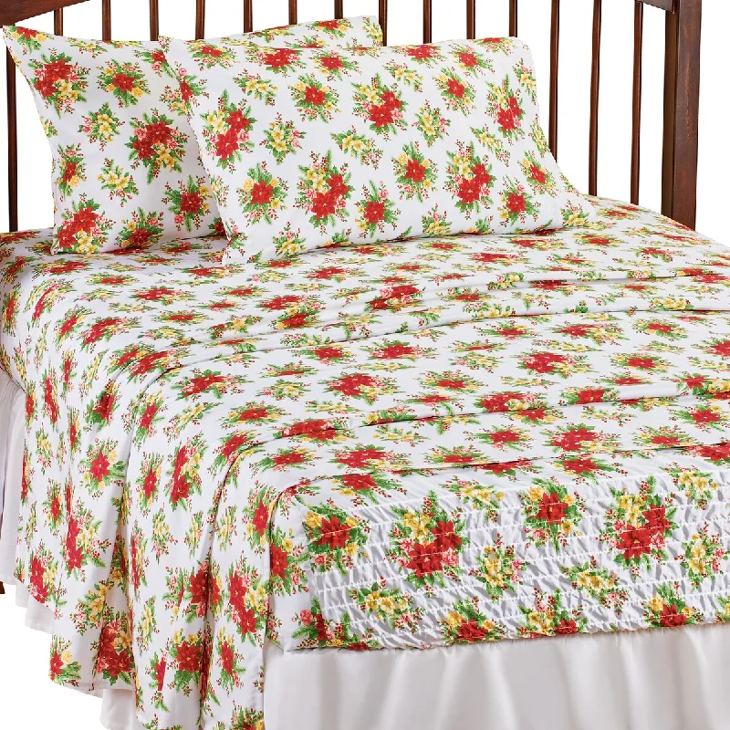 Queen - Size Sheet Sets with a European Pillowcase SetBright Red Poinsettia Seasonal Bed Tite Sheet Set