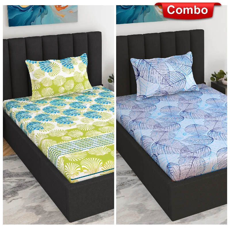 King - Size Sheet Sets with a Decorative Pillow SetGreen and Blue Floral Print Elastic Fitted Combo Bedsheet For Single Bed