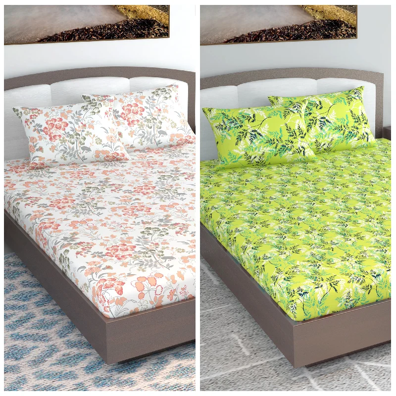 King - Size Sheet Sets with a Decorative Pillow SetGreen and Peach Floral Print Set of 2 Combo Bedsheet for King Size Bed