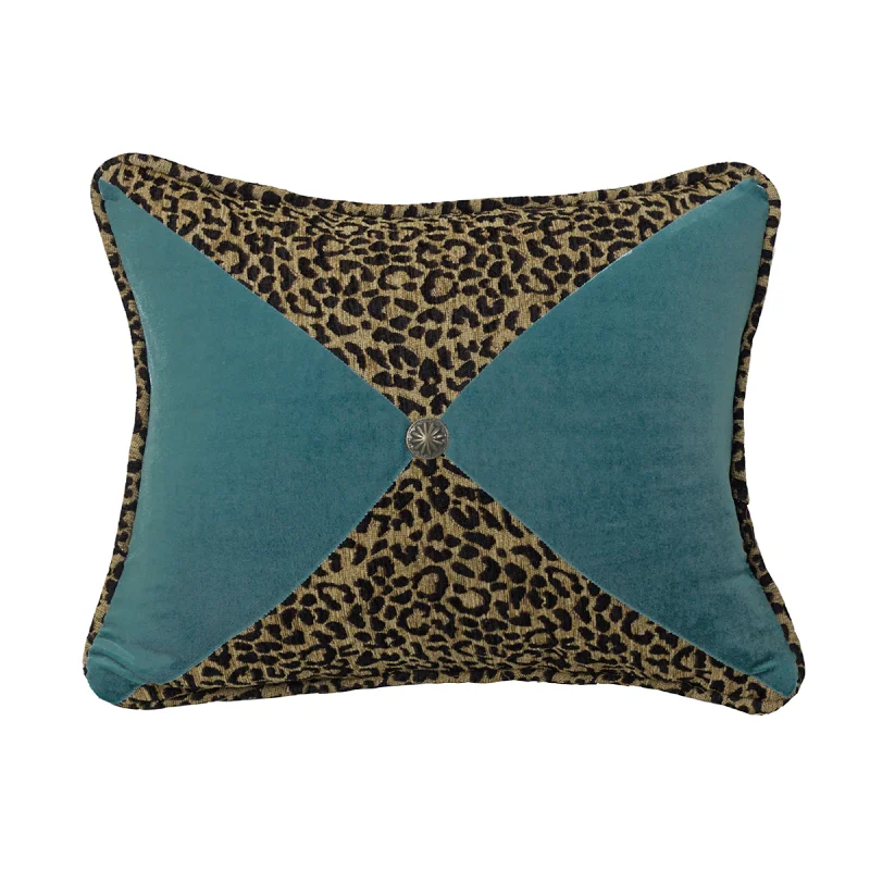 Round Pillows for Boho-Style InteriorsHiEnd Accents Leopard and Teal Sectioned Pillow with Conch Detail