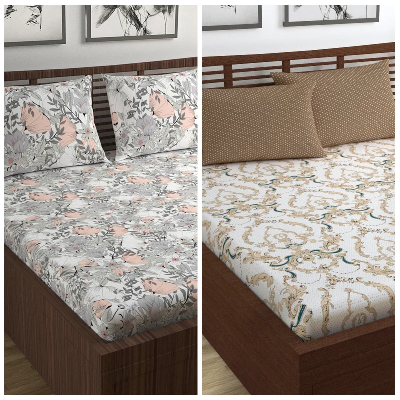 Organic Flannel Sheets for a Natural and Warm SleepBeige and Grey Floral Print Combo Set of 2 Bedsheet for Double Bed