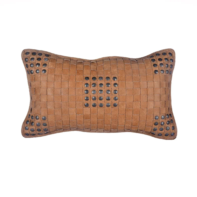 Travel Pillows for Long JourneysHiEnd Accents Soft Tan Basket Weave Leather Pillow With Stud Accents