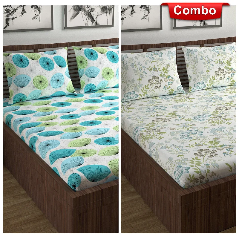 Wrinkle - Free Polyester Sheets for a Low - Maintenance BedGreen Floral Print Elastic Fitted Combo Bedsheet For Double Bed