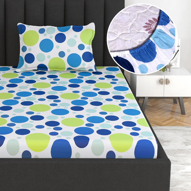 Fitted Sheets with Reinforced Corners for Long - Lasting UseBlue Green Polka Dots Elastic Fitted Bedsheet For Single Bed