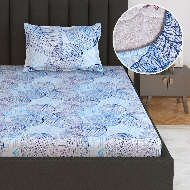 Rayon - Cotton Sheets for a Breathable and Soft BlendBlue Dry Leaves Texture Elastic Fitted Bedsheet For Single Bed