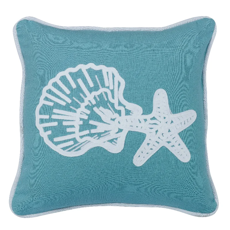 Round Pillows for Boho-Style InteriorsHiEnd Accents Aqua Linen Pillow with Star and Shell Embroidery