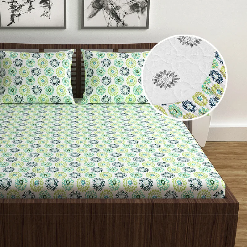 Moisture - Wicking Cotton Sheets for a Dry and Comfortable SleepGreen Dahlia Floral Printed Elastic Fitted Double Bed Bedsheet