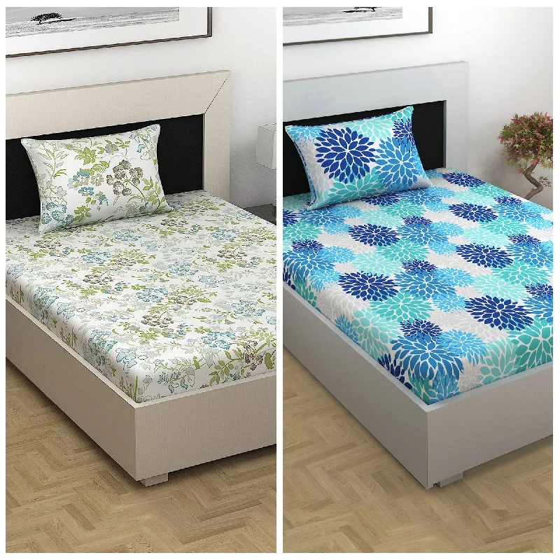 Anti - Pill Microfiber Sheets for a Smooth AppearanceGreen and Blue Floral Print Combo Bedsheet for Single Bed