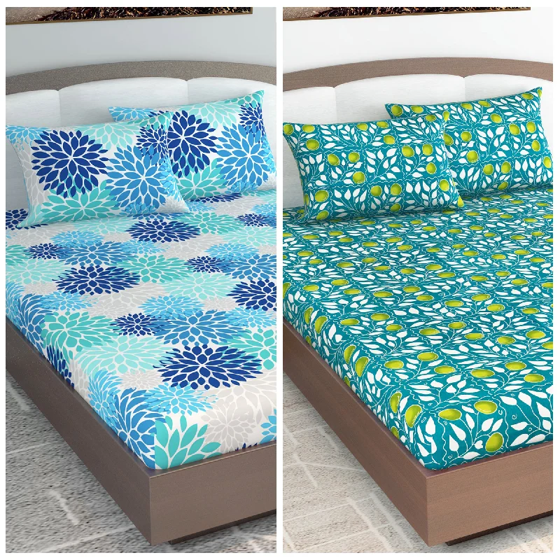 Thermal - Regulating Bamboo Sheets for All - Season ComfortGreen and Light Blue Floral Print Set of 2 Combo Bedsheet for King Size Bed