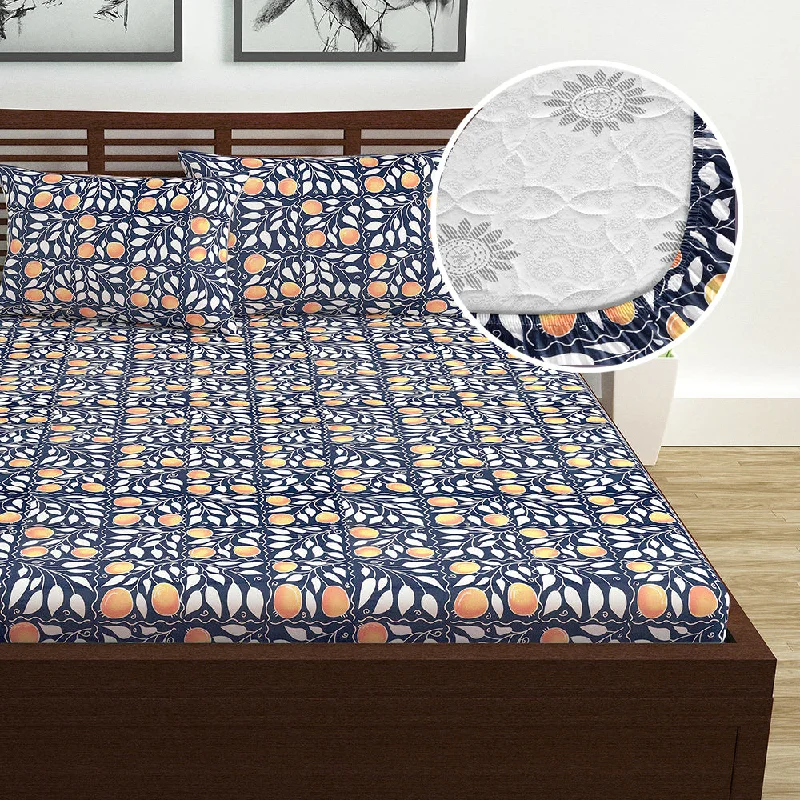 Anti - Pill Microfiber Sheets for a Smooth AppearanceDark Blue Elegant Floral Elastic Fitted Double Bed Bedsheet