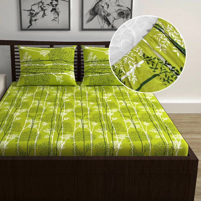 Wrinkle - Free Polyester Sheets for a Low - Maintenance BedGreen Leaf Tree Elastic Fitted Double Bed Bedsheet