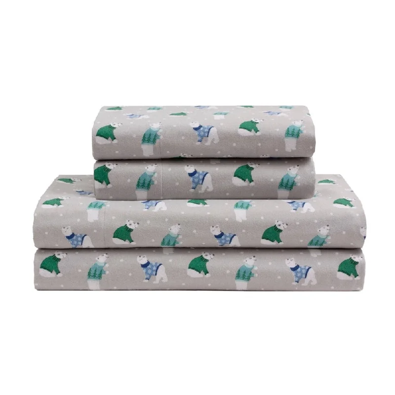 Queen - Size Sheet Sets with a European Pillowcase SetElite Home Products Holiday Bears Lt. Grey Cotton Flannel Sheet Set