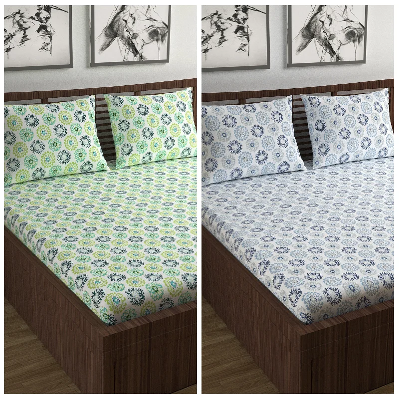 Fitted Sheets with Reinforced Corners for Long - Lasting UseGreen and Blue Dahlia Print Elastic Fitted Combo Bedsheet For Double Bed