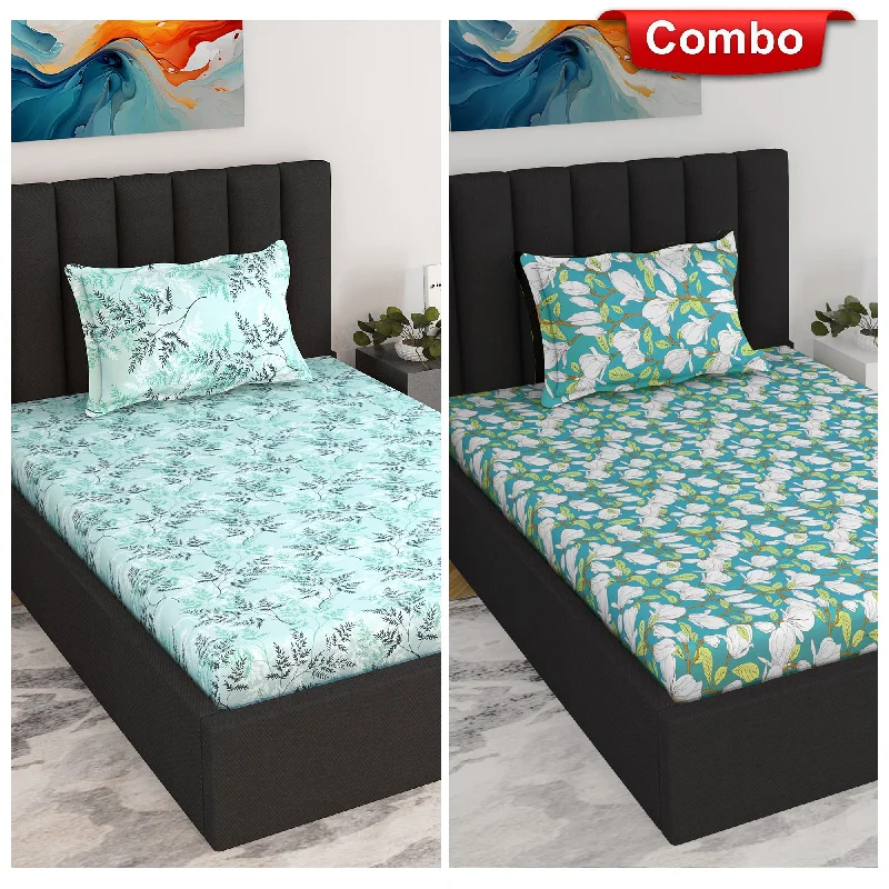 Jersey - Knit Sheets for a Comfortable and Casual BedGreen and Blue Floral Print Elastic Fitted Combo Bedsheet For Single Bed