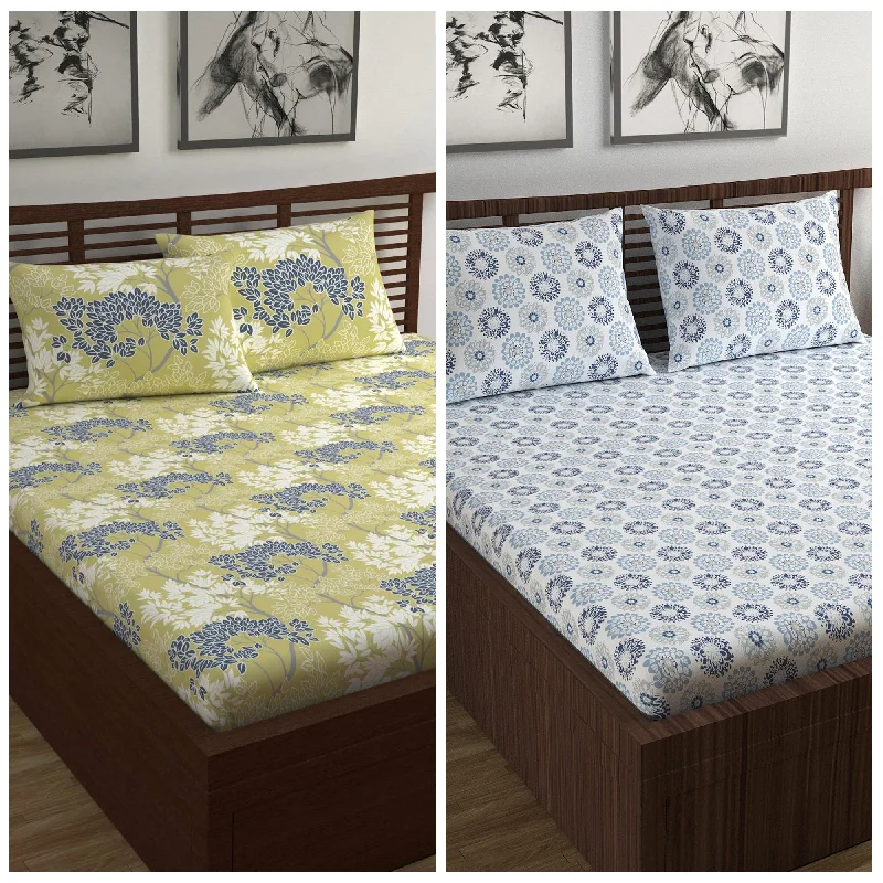 Anti - Pill Microfiber Sheets for a Smooth AppearanceBlue Dahlia and Brown Floral Print Combo Set of 2 Bedsheet for Double Bed