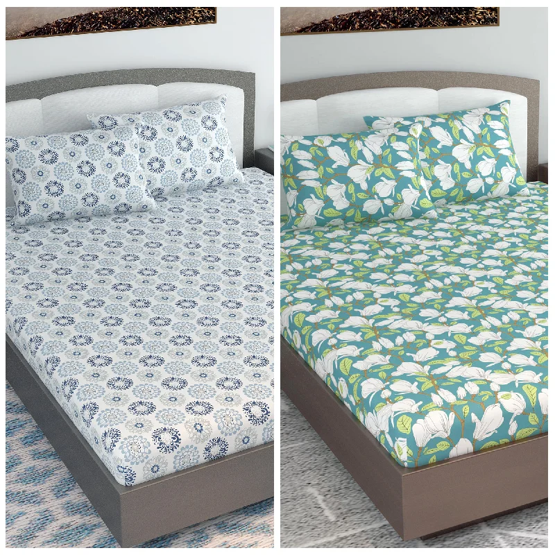 Quilted Cotton Sheets for a Warm and Inviting BedBlue Dahlia and Green Floral Set of 2 Elastic Fitted Combo Bedsheet For King Size Bed