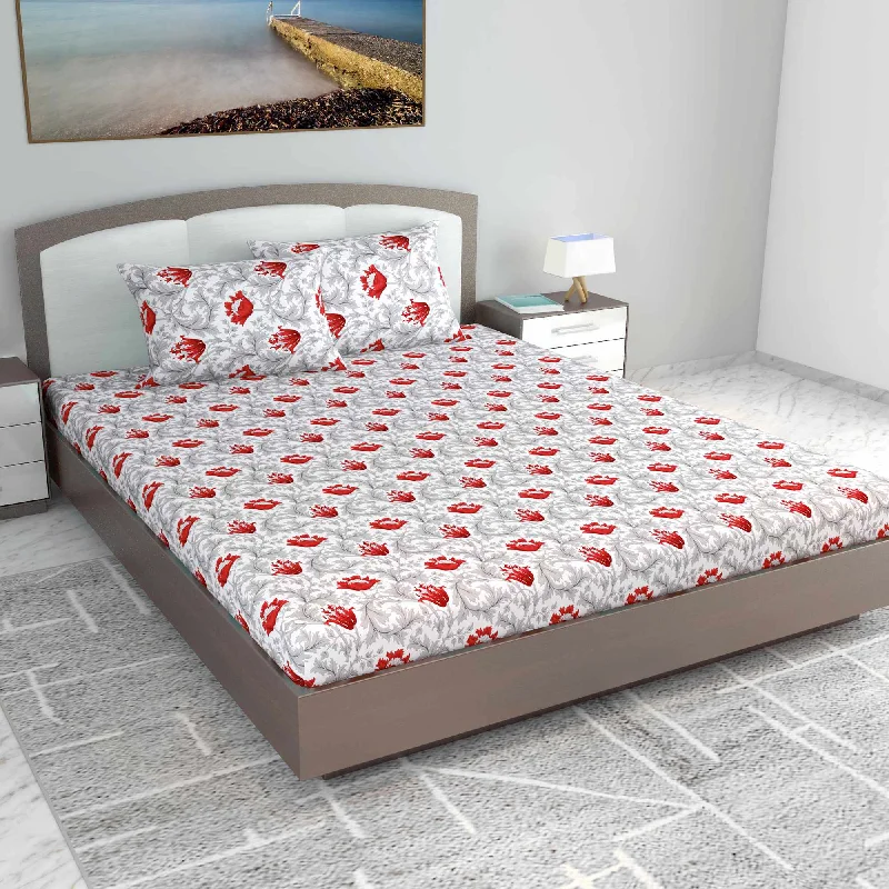 Quilted Cotton Sheets for a Warm and Inviting BedTulip Floral 100% Cotton Bedsheet for King Size Bed - Grey and Red