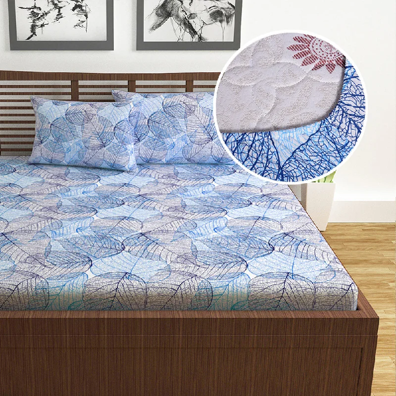 Thermal - Regulating Bamboo Sheets for All - Season ComfortBlue Dry Leaves Texture Elastic Fitted Double Bed Bedsheet