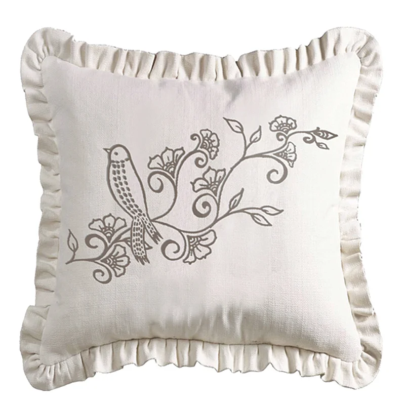 Memory Foam Pillows for Neck SupportHiEnd Accents White linen weave ruffled pillow with embroidery detail