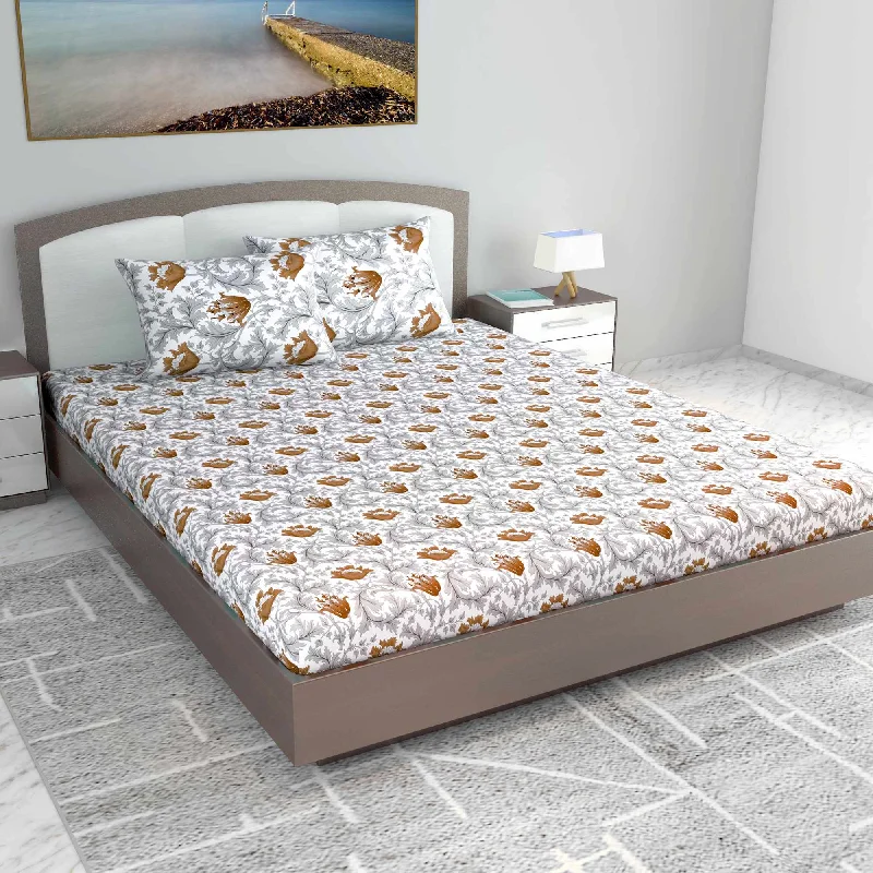 Flat Sheets with a High - Quality Finish for a Luxurious LookTulip Floral  Grey and Brown Bedsheet for King Size Bed- 100% Cotton