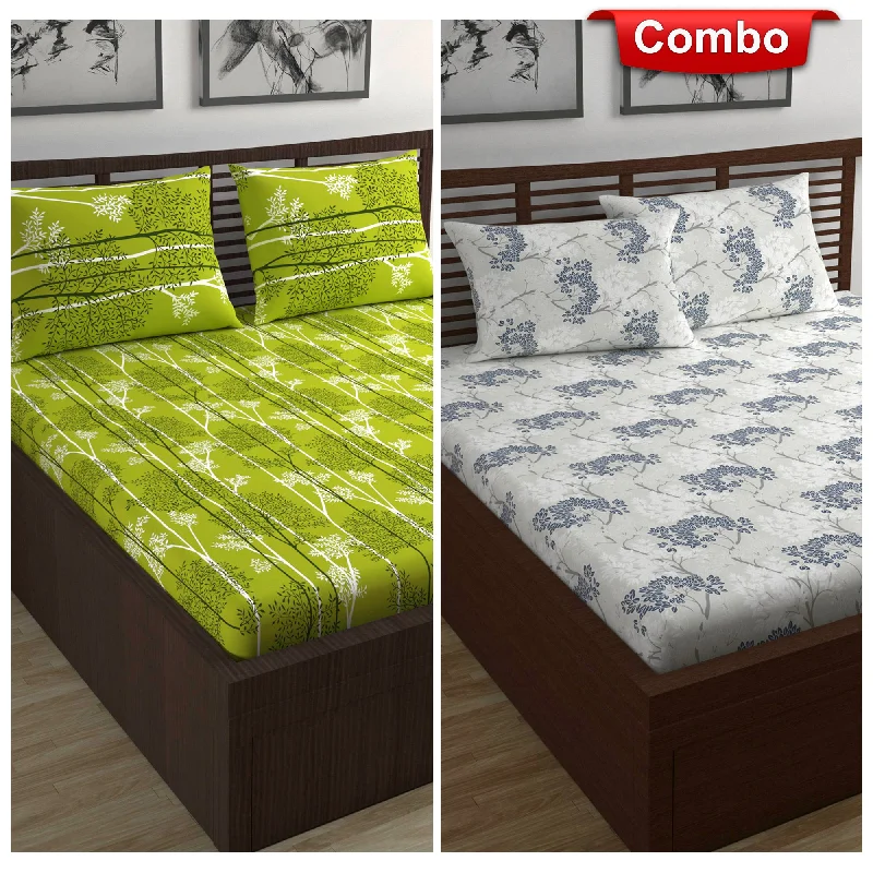 Anti - Pill Microfiber Sheets for a Smooth AppearanceGreen and Grey Floral Print Elastic Fitted Combo Bedsheet For Double Bed