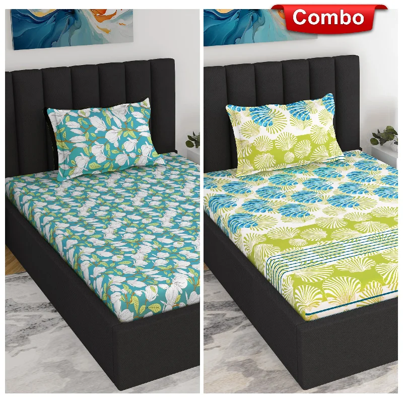 Queen - Size Sheet Sets with a European Pillowcase SetGreen Floral Print Elastic Fitted Combo Bedsheet For Single Bed