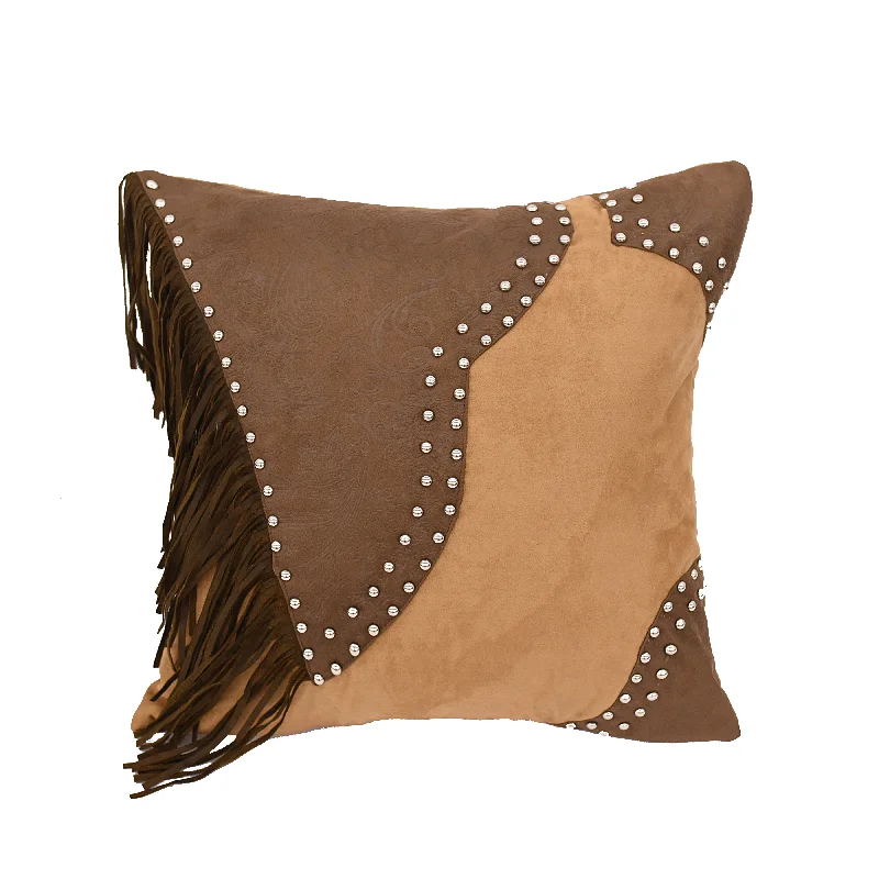 Soft and Fluffy Pillows for Bedroom ComfortHiEnd Accents Pieced faux leather pillow w studs and fringe