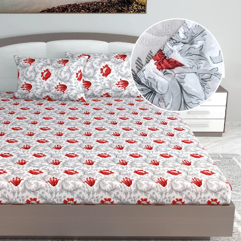 Anti - Pill Microfiber Sheets for a Smooth AppearanceTulip Red Floral Elastic Fitted King Bed Bedsheet