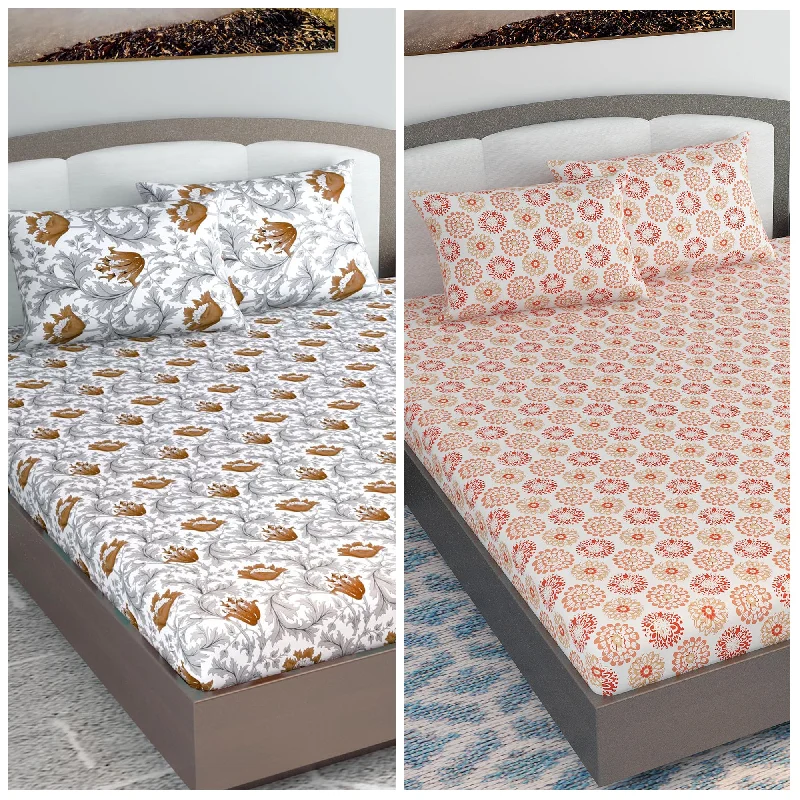 Polyester - Cotton Blend Sheets for Durability and ComfortBrown and Peach Color Elastic Fitted Combo Bedsheet For King Size Bed Set of 2