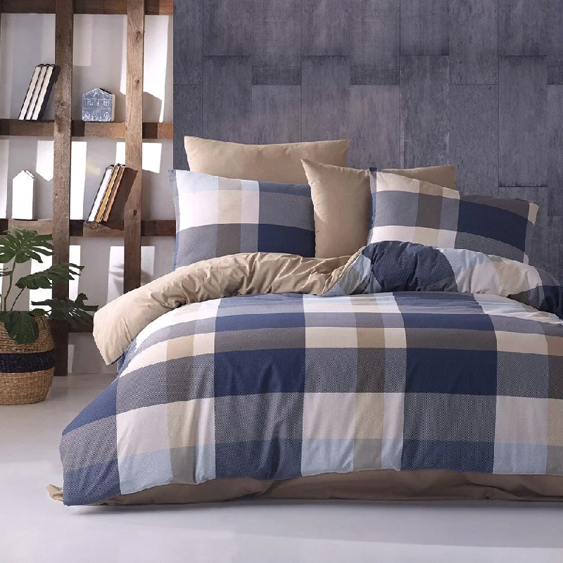 Organic Flannel Sheets for a Natural and Warm SleepBahar Checked Blue Cotton Bedding Set of 4