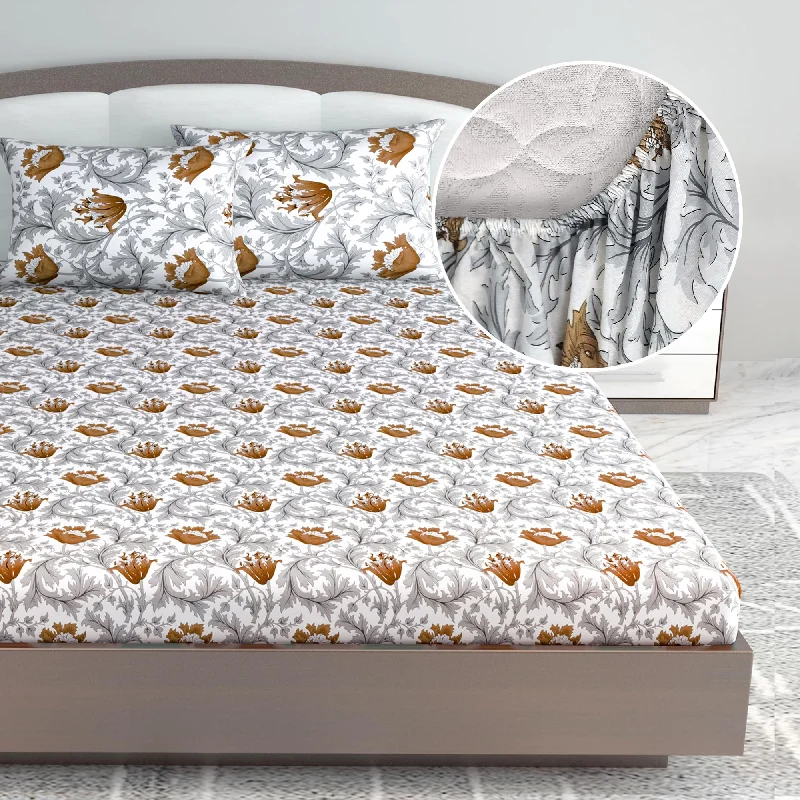 Quilted Cotton Sheets for a Warm and Inviting BedTulip Floral Grey and Brown Elastic Fitted King Bed Bedsheet