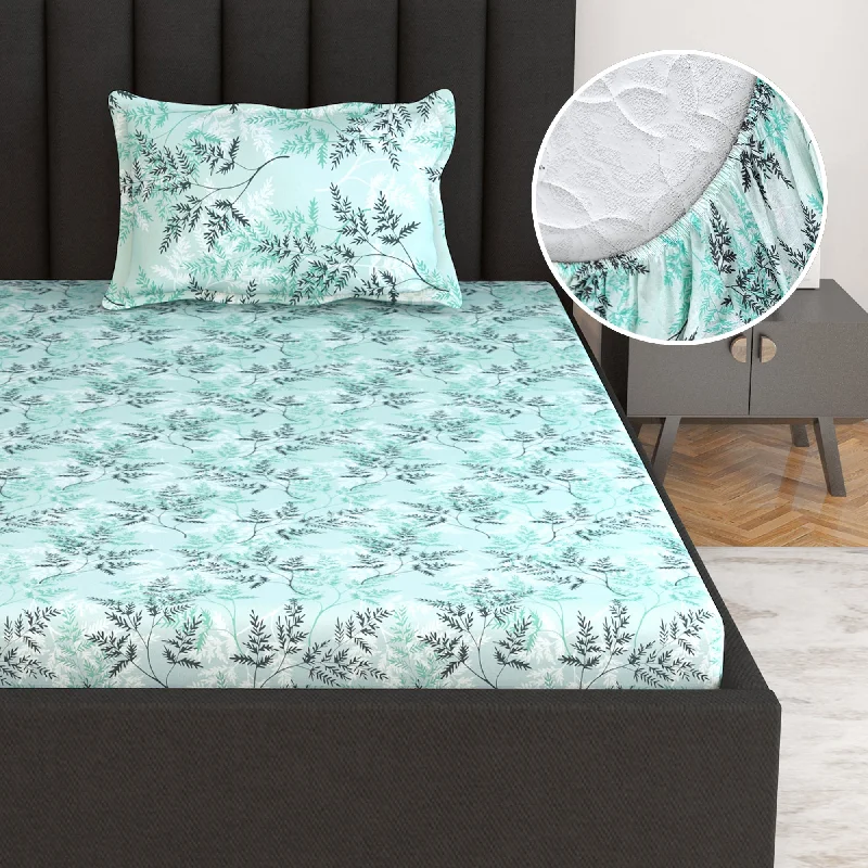 Twin - Size Sheet Sets with a Pillow ProtectorLady Fern Green Floral Elastic Fitted Bedsheet For Single Bed