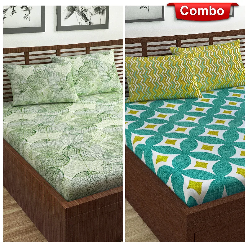 Sheet Sets with Multiple Pillowcase OptionsGreen and Abstract Print Elastic Fitted Combo Bedsheet For Double Bed