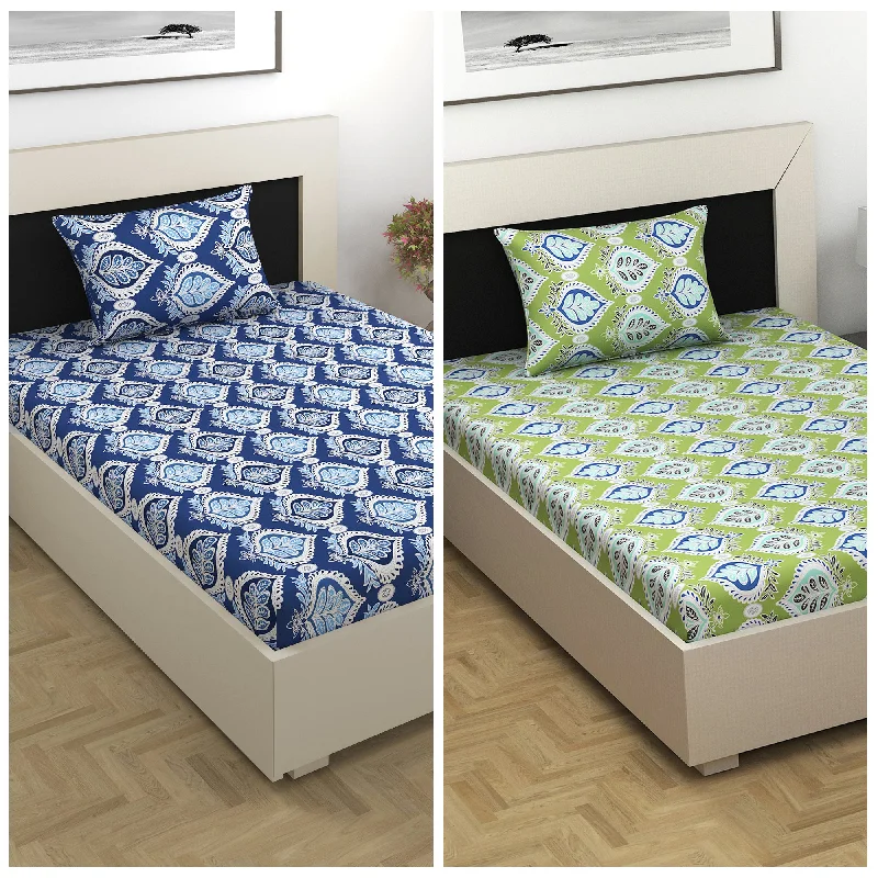 Twin - Size Sheet Sets with a Pillow ProtectorGreen and Blue Damask Motif Combo Bedsheet for Single Bed