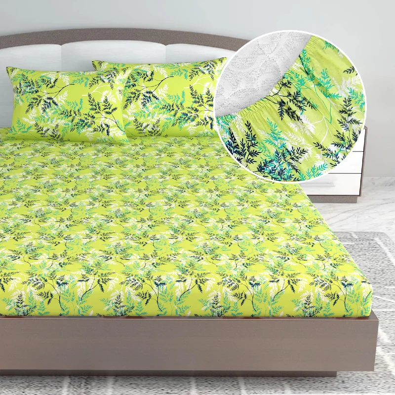 Fitted Sheets with Reinforced Corners for Long - Lasting UseLady Fern Floral Lime Green Elastic Fitted King Bed Bedsheet