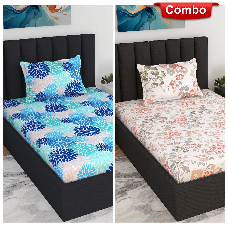 Fitted Sheets with Reinforced Corners for Long - Lasting UseBlue and Peach Floral Print Elastic Fitted Combo Bedsheet For Single Bed