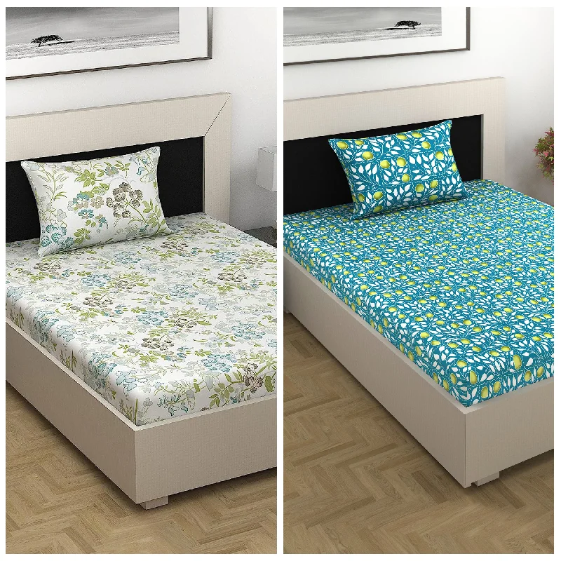 Fitted Sheets with Reinforced Corners for Long - Lasting UseGreen and Blue Floral Print Combo Bedsheet for Single Bed