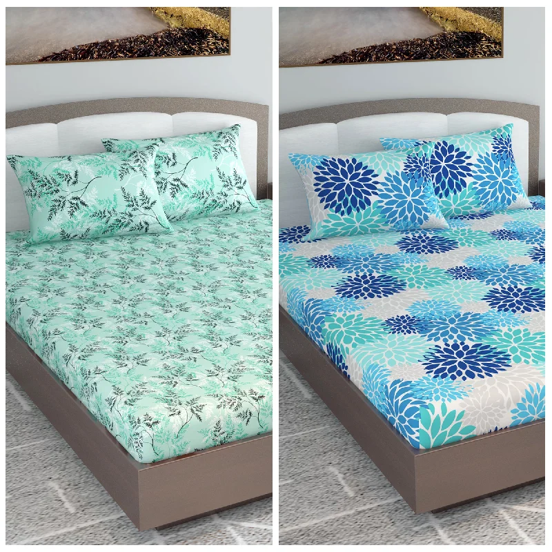 King - Size Sheet Sets with a Decorative Pillow SetGreen and Blue Floral Print Set of 2 Combo Bedsheet for King Size Bed