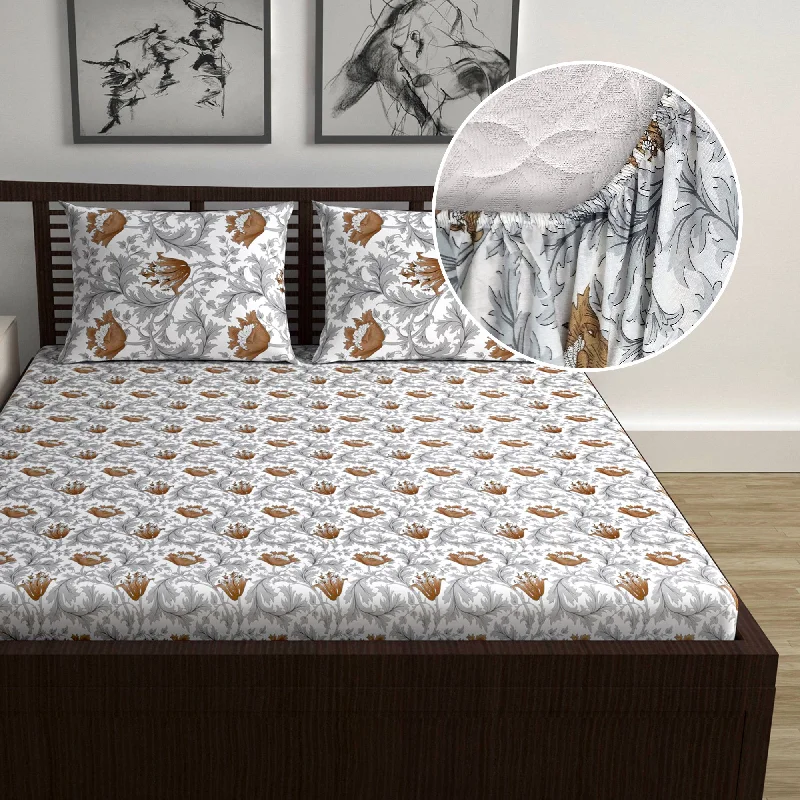 Polyester - Cotton Blend Sheets for Durability and ComfortTulip Floral Grey and Brown Elastic Fitted Double Bed Bedsheet