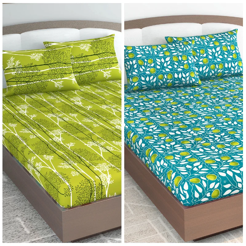 Fitted Sheets with Reinforced Corners for Long - Lasting UseGreen Leaf Pattern Elastic Fitted Combo Bedsheet For King Size Bed Set of 2