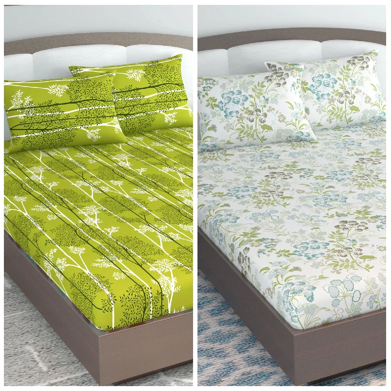 King - Size Sheet Sets with a Decorative Pillow SetMoss Green Leaf Pattern Set of 2 Elastic Fitted Combo Bedsheet For King Size Bed