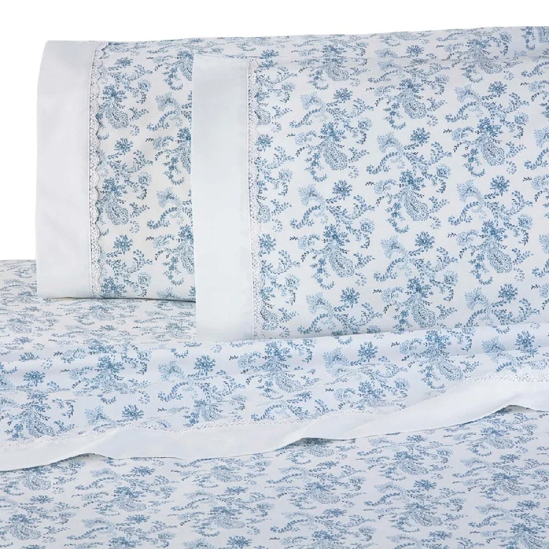 Fitted Sheets with Reinforced Corners for Long - Lasting UsePorch & Den Carmina Blue Flower Print Lace Edge Sheet Set