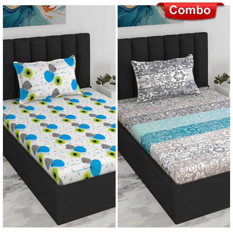 Jersey - Knit Sheets for a Comfortable and Casual BedGrey and Blue Floral Print Elastic Fitted Combo Bedsheet For Single Bed