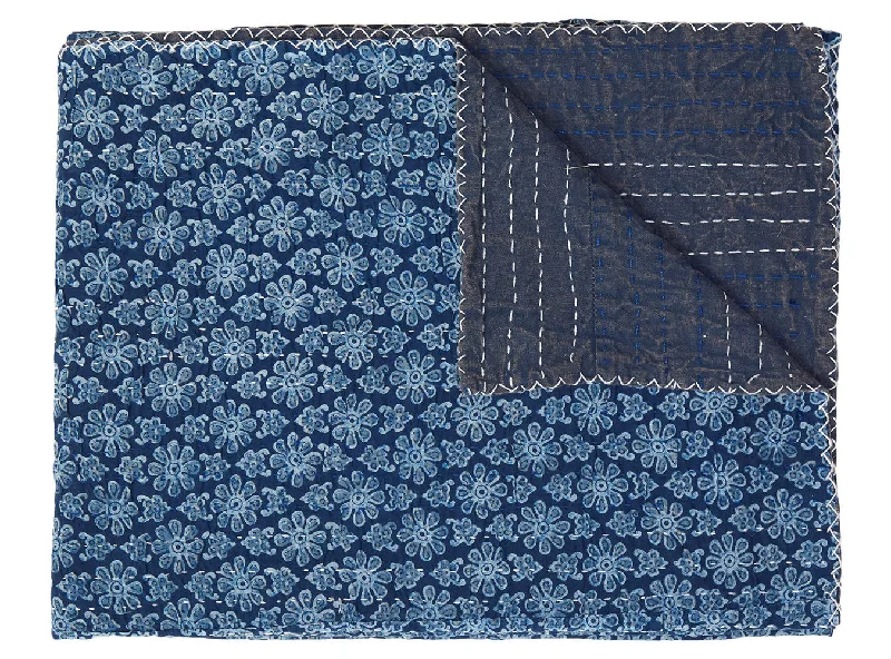 Queen - size blankets for standard - sized beds50" X 70" Blue Kantha Cotton Floral Throw Blanket with Embroidery