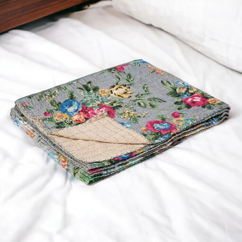 Microfiber blankets that are durable and easy to care for50" X 70" Pink Gray and Blue Kantha Cotton Floral Throw Blanket with Embroidery