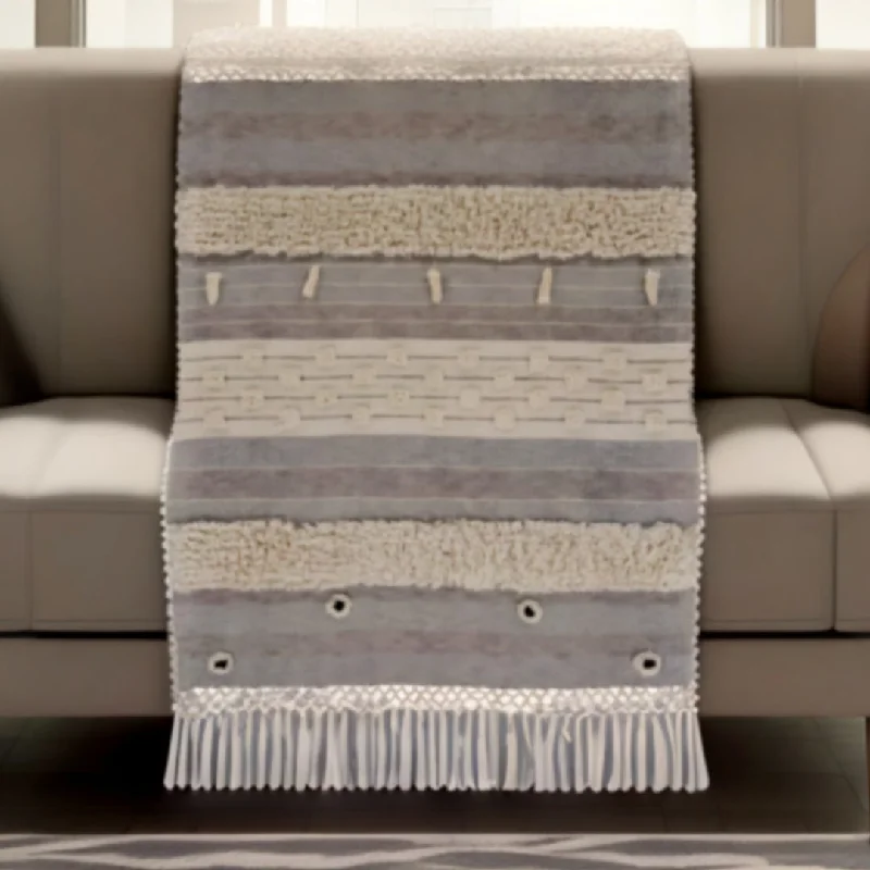 Cotton blankets for breathability and a lightweight feel60" X 50" Gray Woven Cotton Striped Throw Blanket with Fringe