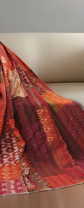 Cotton blankets for breathability and a lightweight feel70" X 50" Red Kantha Silk Patchwork Throw Blanket with Embroidery