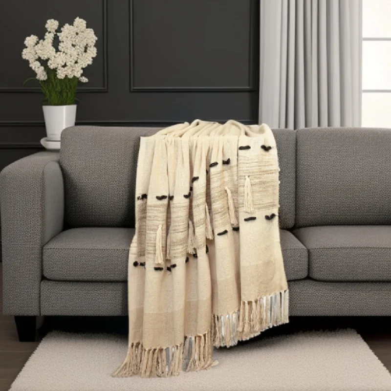 Chenille blankets with a thick and fuzzy textureBeige Woven Cotton Abstract Throw Blanket