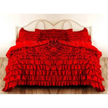 Boho - style duvet covers with vibrant colors and ethnic patternsCalking Red Ruffle Duvet Cover Set Egyptian Cotton 1000TC