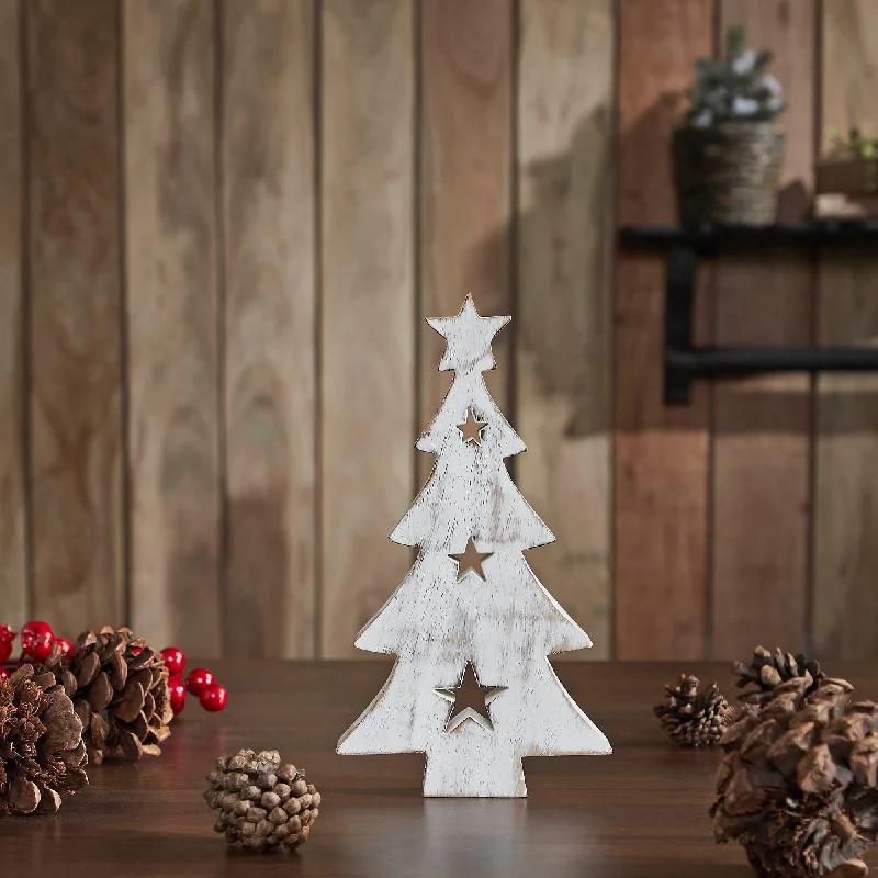 Christmas Tree w/ Stars White Wooden Figurine 10x5.75x1